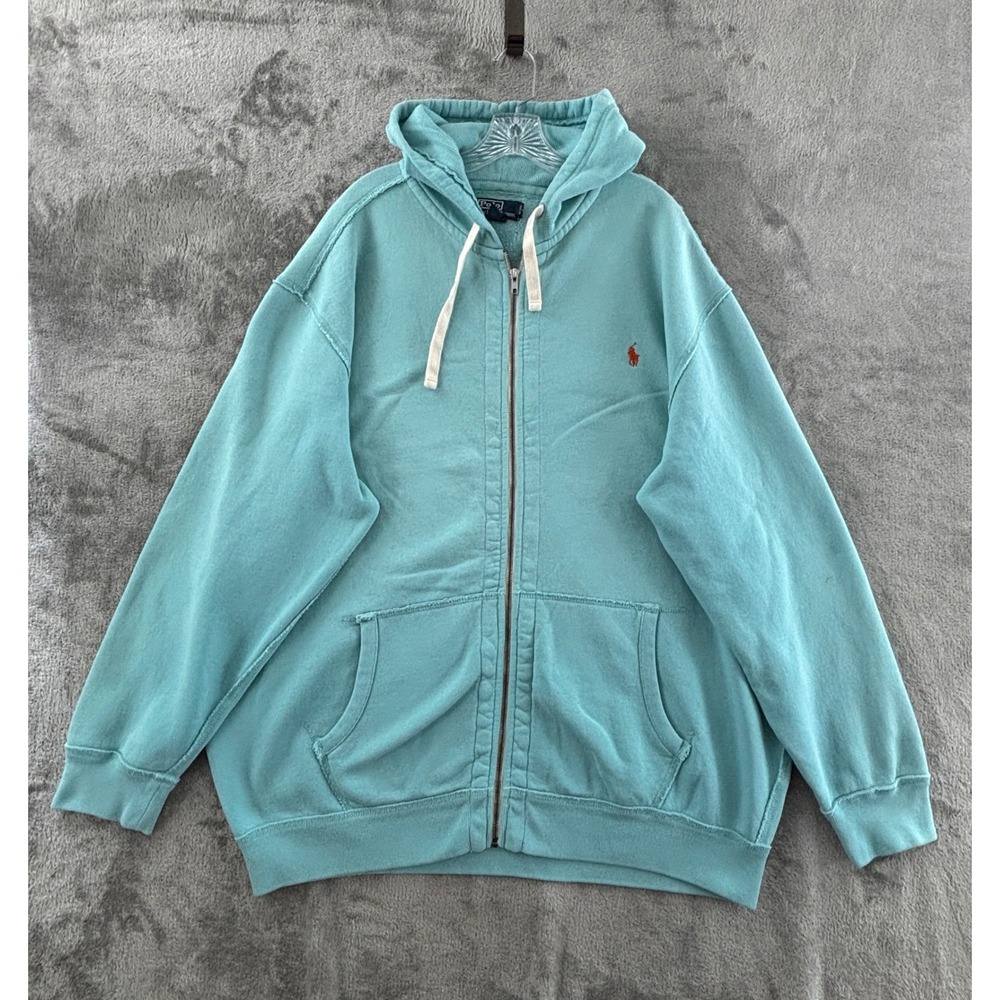 Polo Ralph Lauren Full Zip Hoodie‎ Mens 3XLT Tall Aqua Blue Hooded Sweatshirt
